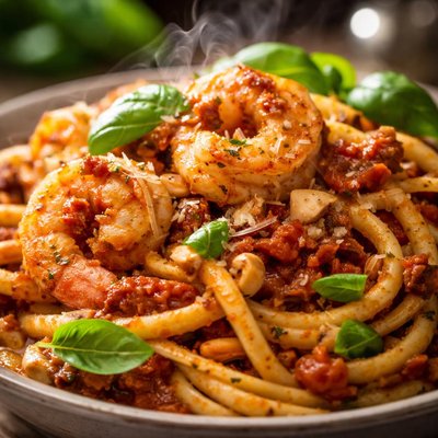 Image of Linguini with Shrimp and Tomato Hazelnut Pesto