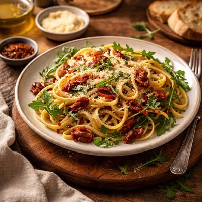 Image of Linguini with Sun Dried Tomato and Arugula Rocket