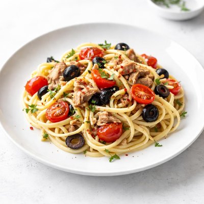 Image of Linguini with Tuna Black Olives and Tomatoes