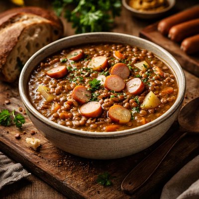 Image of Linsensuppe German Lentil Soup with Frankfurter Slices