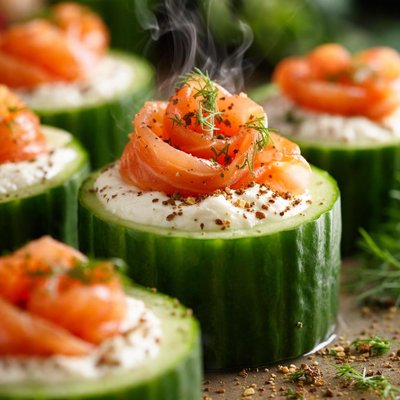 Image of Little Smoked Salmon Cucumber Cups with Peppered Creme Fraiche