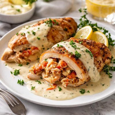 Image of Lobster Stuffed Chicken with Boursin Cheese Sauce