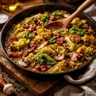 Image of Long Cooking Savoy Cabbage Bacon and Mushroom Sauce