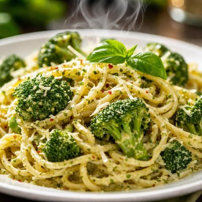 Image of Low Cal Creamy Pesto with Broccoli and Angel Hair