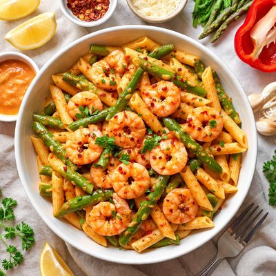 Image of Low Calorie Shrimp Asparagus Penne with Red Pepper Cream Sauce
