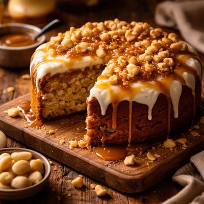 Image of Macadamia Nut Cake with Caramel Sauce