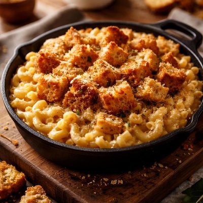 Image of Macaroni and Cheese with Crunchy Garlic Bread Cubes