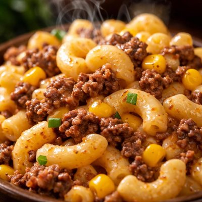 Image of Vegetarian Macaroni and Cheese with Ground Beef and Corn