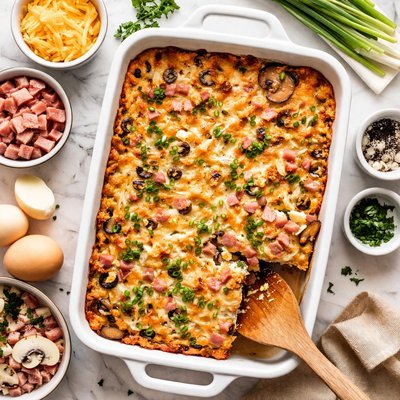 Image of Make Ahead Cheesy Ham Mushroom Egg Bake