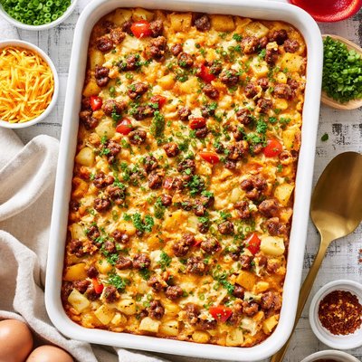 Image of Make Ahead Sausage Cheese and Potato Egg Bake