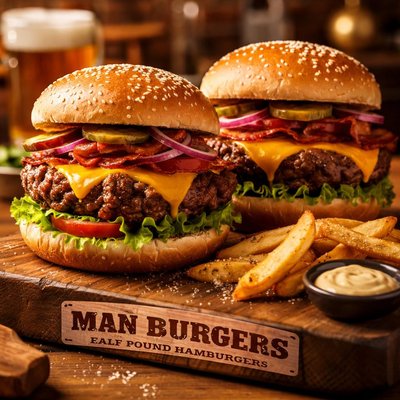 Image of Man Burgers Half Pound Hamburgers