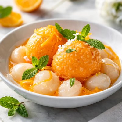 Image of Mandarin Sorbet Over Lychees