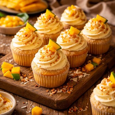 Image of Mango Filled Coconut Cupcakes with Mango Buttercream