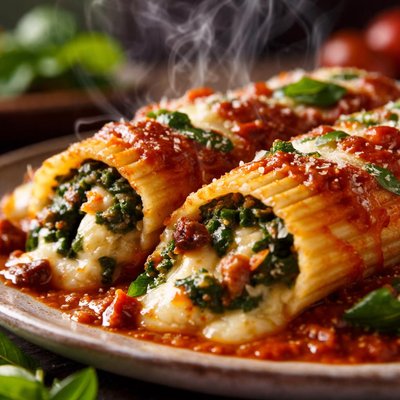 Image of Manicotti Stuffed with Smoked Mozzarella Spinach and Dried Tom