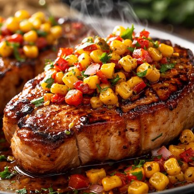 Image of Maple Glazed Pork Chops with Roasted Corn Relish