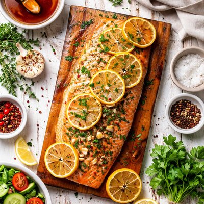 Image of Maple Planked Salmon with Grilled Lemon
