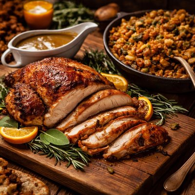 Image of Maple Roasted Turkey Smoky Sage Cornbread Stuffing Gravy