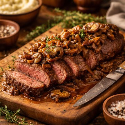 Image of Marinated Beef Tenderloin Caramelized Onions Mushroom Ragout