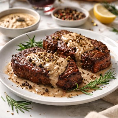 Image of Marinated Bison Buffalo Steaks with a Peppercorn Sauce
