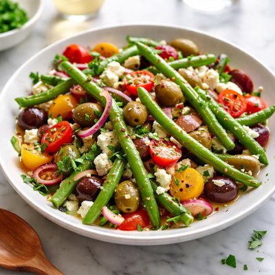 Image of Marinated Green Beans with Olives Tomatoes and Feta