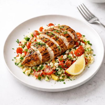 Image of Marinated Grilled Chicken with Couscous Tomato Salad