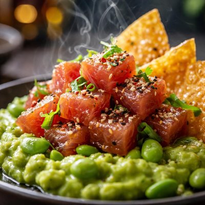 Image of Marinated Raw Tuna with Edamame Puree and Wonton Crisps