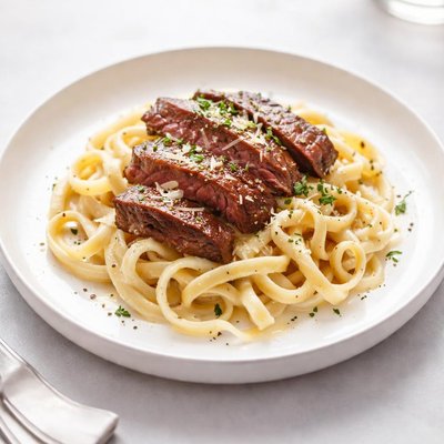 Image of Marinated Steak Fettuccine with Smoked Mozzarella Sauce