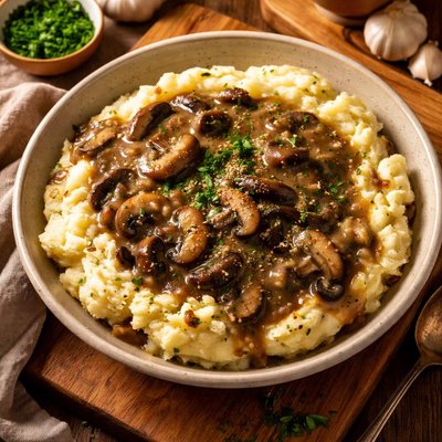 Image of Mashed Garlicky Potatoes with Portabello Gravy