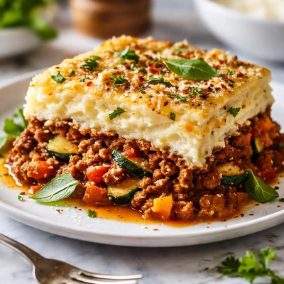 Image of Mashed Potato Lasagna with a Vegetable Sauce