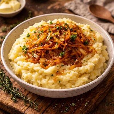 Image of Mashed Potatoes with Golden Brown Onions
