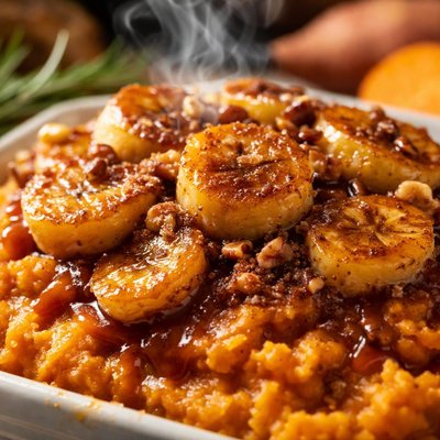 Image of Mashed Sweet Potato Casserole Topped with Caramelized Bananas