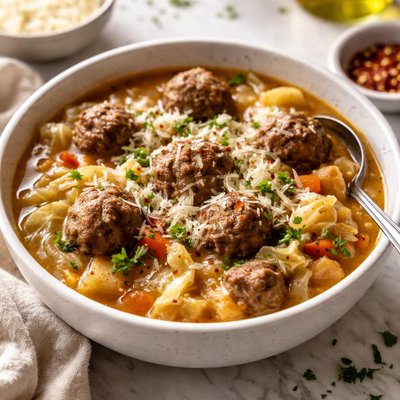 Image of Meatball Soup with Cabbage and Parmesan Cheese