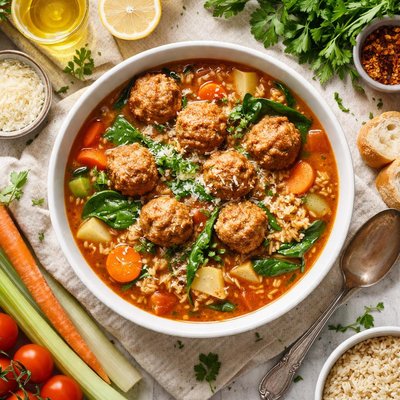Image of Meatball Soup with Vegetables and Brown Rice