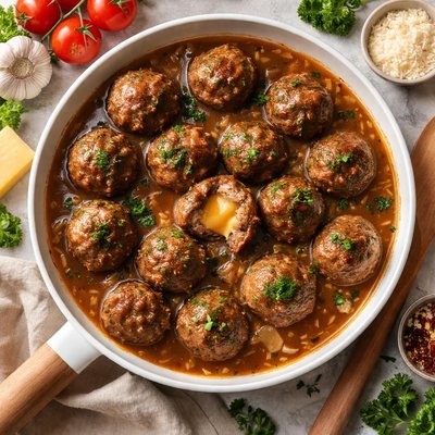 Image of Meatball Surprise Cheddar Cheese Filled Meatballs in Gravy