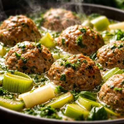 Image of Meatballs Simmered with Leeks Keftedes Prassoselino