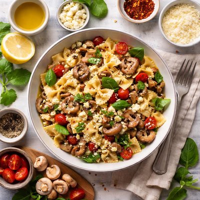 Image of Meatless Bowtie Pasta with Mushrooms Feta Cheese