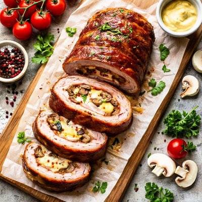Image of Meatloaf Rolled with Ham Cheese Shrooms