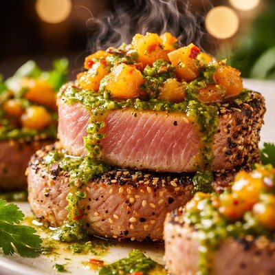 Image of Medallions of Tuna with Papaya Chutney and Cilantro Pesto