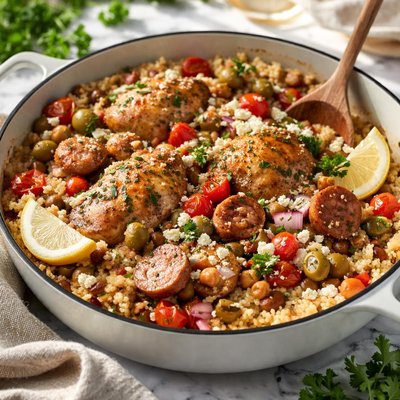 Image of Mediterranean Chicken and Sausage Couscous Pot
