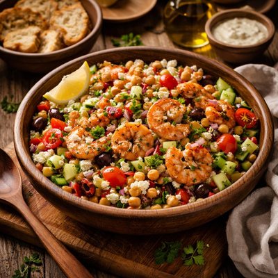 Image of Mediterranean Chopped Salad with Shrimp and Chickpeas