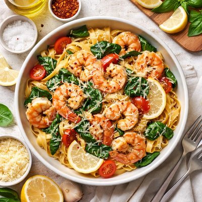 Image of Mediterranean Fettuccine with Shrimp and Spinach