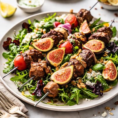 Image of Mediterranean Fig Kebabs on Mixed Greens