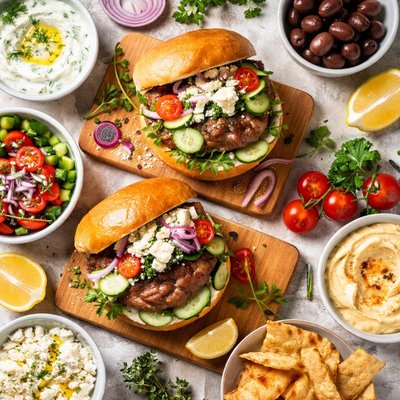 Image of Mediterranean Lamb Burger with Greek Garnishes