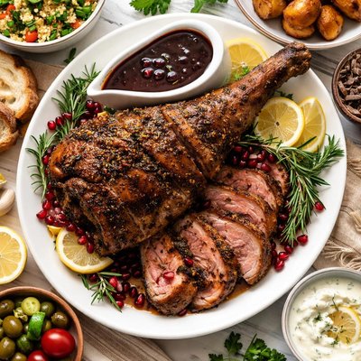 Image of Mediterranean Roasted Leg of Lamb with Red Wine Sauce