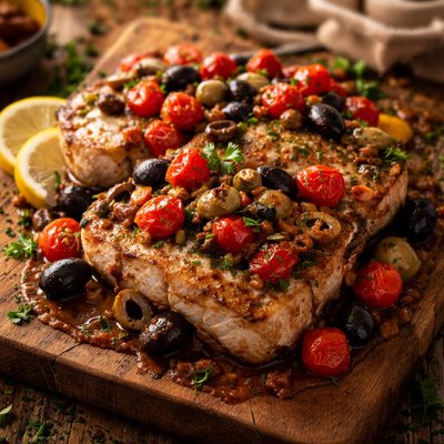 Image of Mediterranean Swordfish with Tomatoes and Olives
