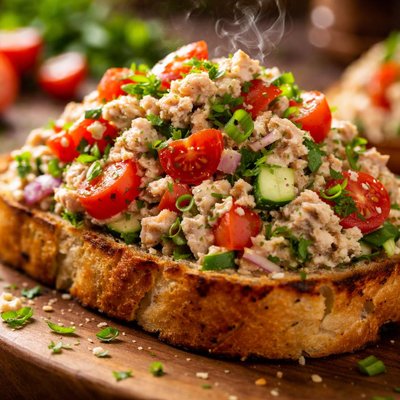Image of Mediterranean Tuna Salad on Grilled Tomato Herb Bread