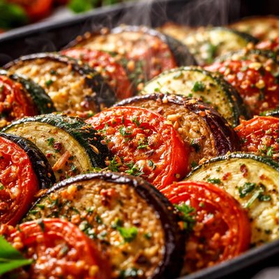Image of Mediterranean Vegetable Bake Eggplant Zucchini and Tomatoes