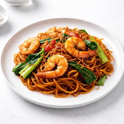 Image of Mee Goreng Tauceo Stir Fried Noodles with Shrimp and Greens