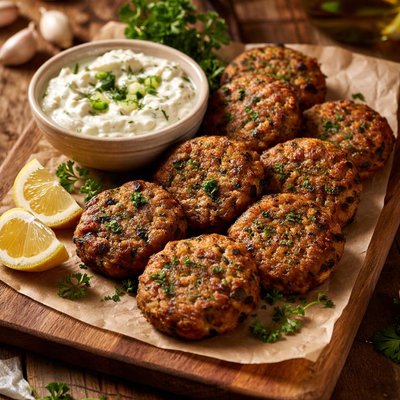Image of Melitzanokeftedes Roasted Eggplant Fritters with Tzatziki