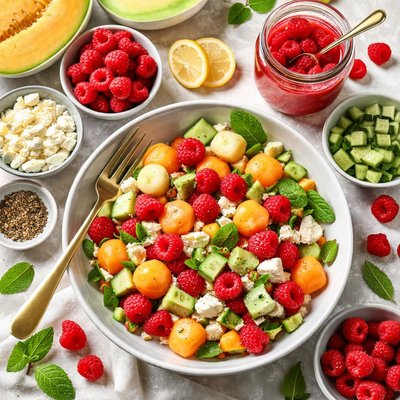 Image of Melon and Raspberries with Raspberry Vinaigrette